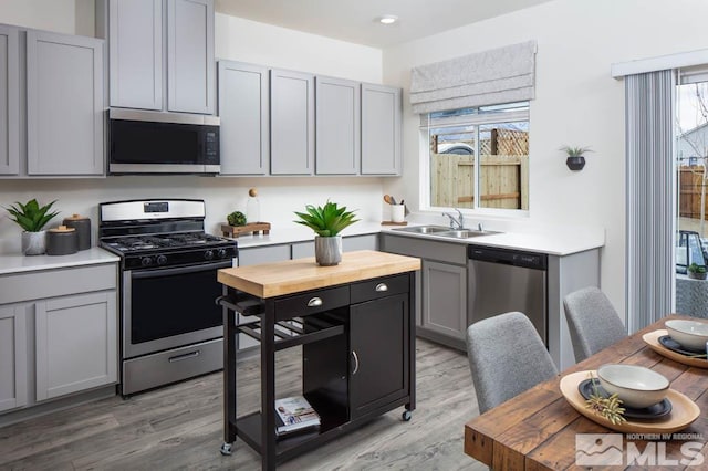 kitchen with light wood-type flooring, appliances with stainless steel finishes, and gray cabinetry