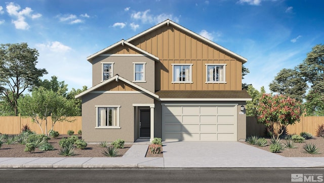 view of front of property with board and batten siding, fence, a tiled roof, concrete driveway, and an attached garage