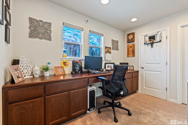 home office featuring recessed lighting and light carpet
