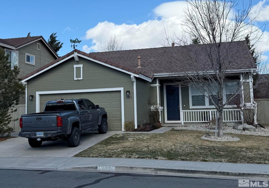 view of front of home with an attached garage, a porch, and driveway