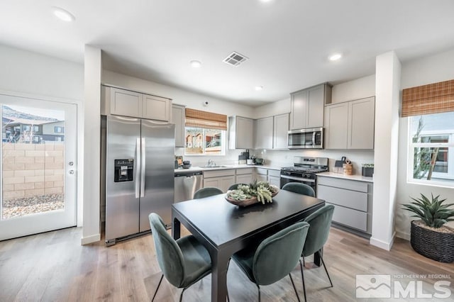 kitchen with visible vents, light wood finished floors, gray cabinets, stainless steel appliances, and light countertops