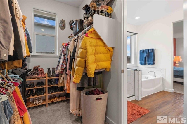 walk in closet with wood finished floors