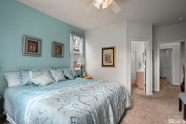 bedroom with baseboards, light colored carpet, and ceiling fan