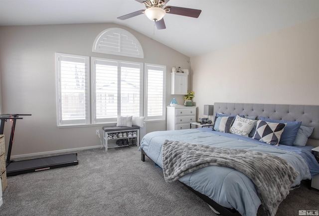 carpeted bedroom with lofted ceiling, a ceiling fan, and baseboards