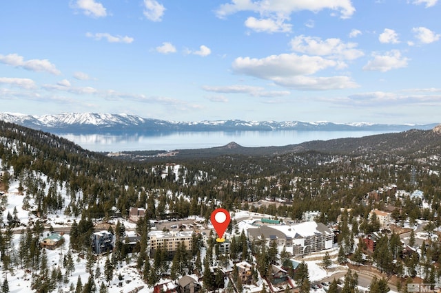 snowy aerial view featuring a water and mountain view