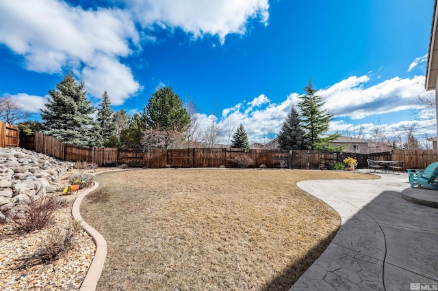 view of yard featuring a patio and a fenced backyard