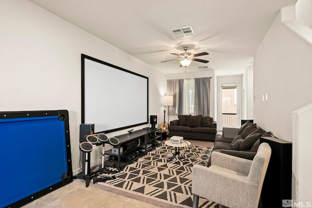 cinema room featuring visible vents and ceiling fan