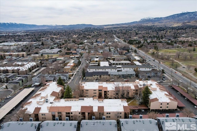 aerial view featuring a mountain view and a residential view