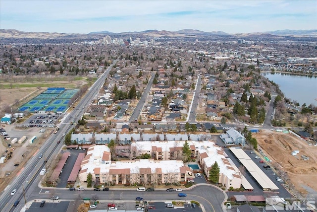 aerial view with a water and mountain view