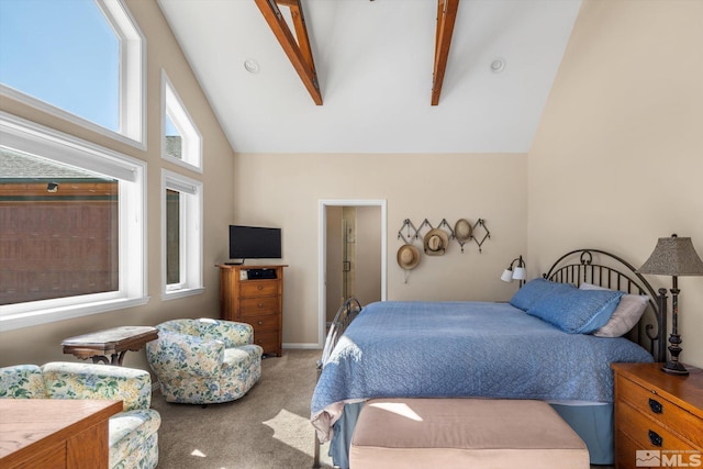 bedroom with beamed ceiling, light colored carpet, and high vaulted ceiling