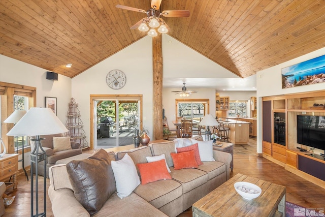 living room with a ceiling fan, high vaulted ceiling, wood finished floors, and wooden ceiling