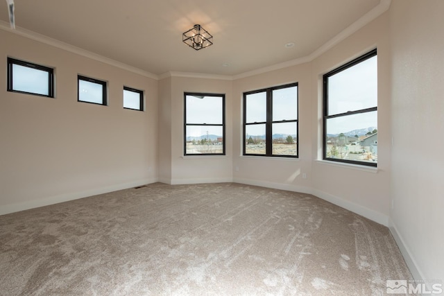 spare room featuring crown molding, plenty of natural light, light colored carpet, and baseboards