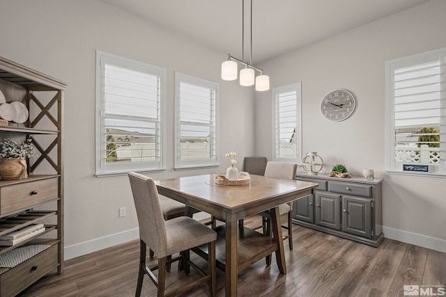 dining room featuring wood finished floors and baseboards