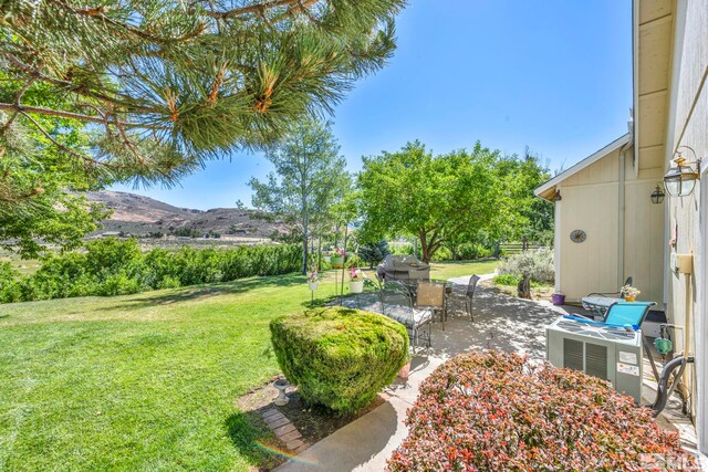 view of yard featuring a patio area and a mountain view