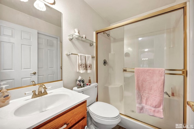 full bathroom featuring toilet, a stall shower, and vanity