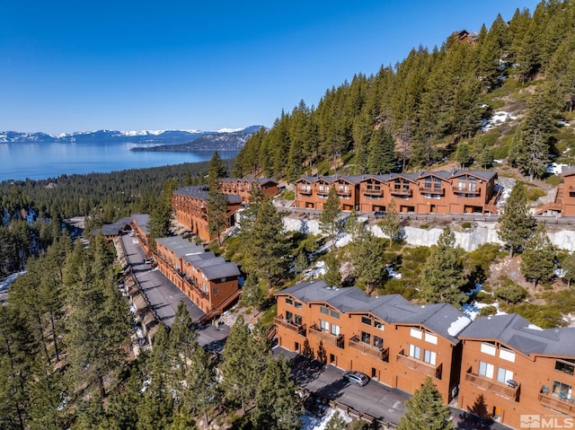 drone / aerial view with a forest view and a water and mountain view