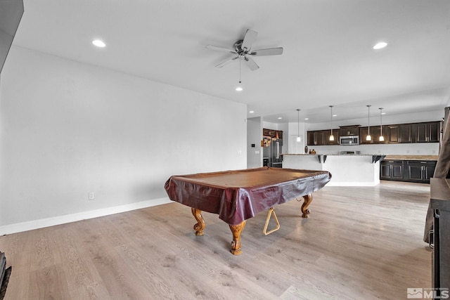 rec room with pool table, recessed lighting, baseboards, and light wood finished floors