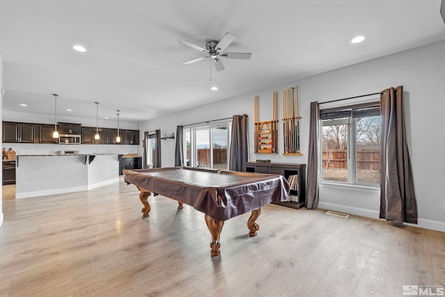 game room featuring visible vents, recessed lighting, light wood-style floors, pool table, and baseboards