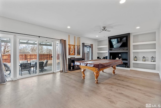 playroom featuring pool table, built in features, recessed lighting, light wood-style floors, and a ceiling fan