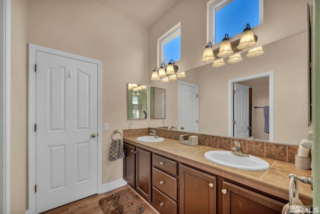 bathroom with double vanity, wood finished floors, baseboards, and a sink