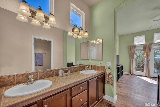 bathroom with a sink, baseboards, wood finished floors, and double vanity