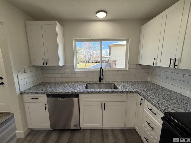 kitchen featuring a sink, backsplash, stainless steel dishwasher, and dark wood-style flooring