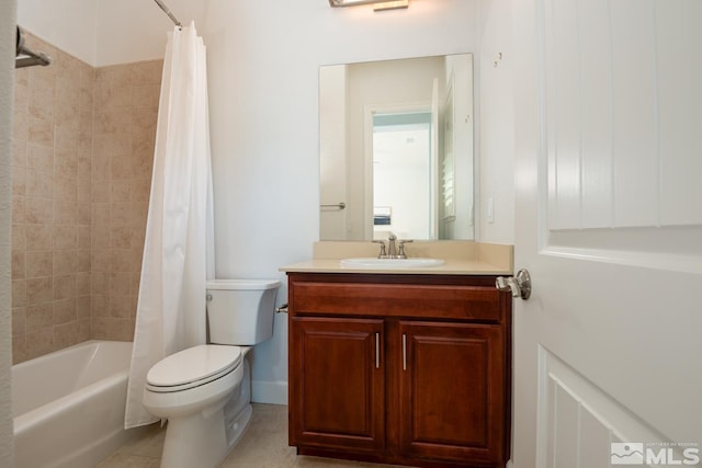 full bathroom with vanity, toilet, shower / bath combo with shower curtain, and tile patterned flooring