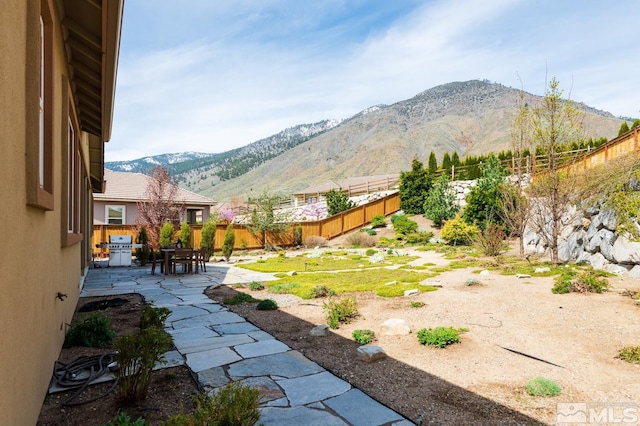 view of yard featuring a patio, a fenced backyard, and a mountain view