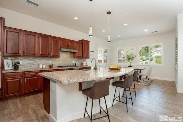 kitchen with visible vents, under cabinet range hood, decorative backsplash, light wood-style floors, and a sink