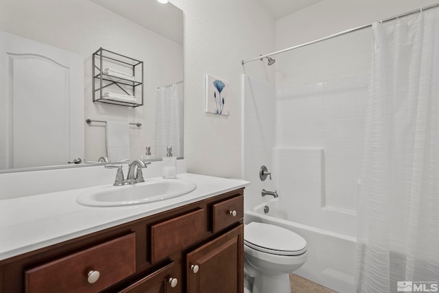 full bath with toilet, vanity, and shower / bath combination with curtain