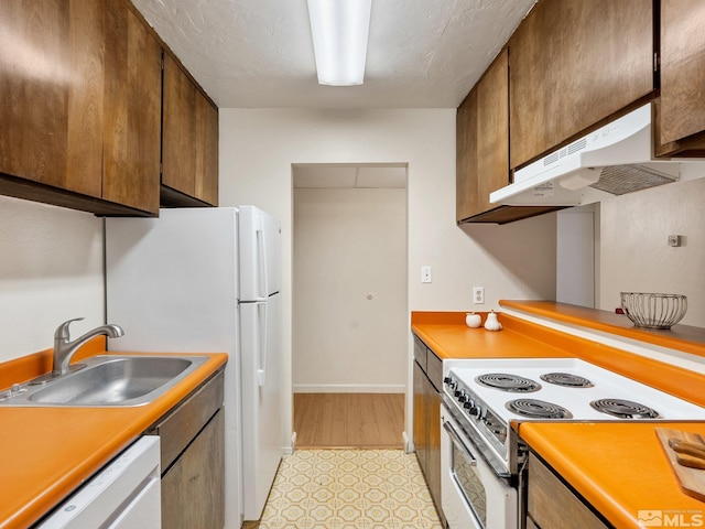 kitchen featuring electric range, under cabinet range hood, a sink, light countertops, and dishwasher