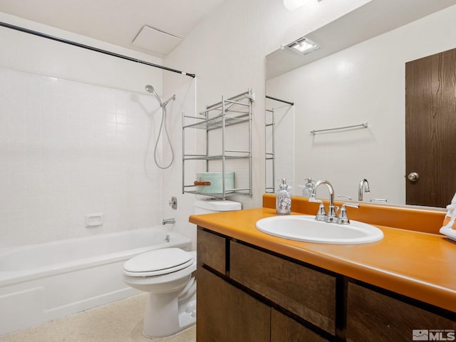 bathroom with shower / bath combination, toilet, visible vents, and vanity