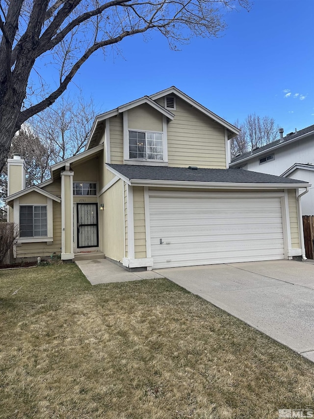 view of front of house featuring an attached garage, a shingled roof, a chimney, concrete driveway, and a front lawn