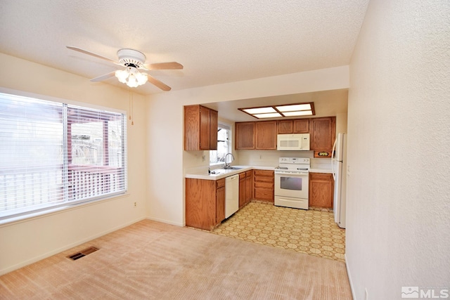 kitchen featuring light countertops, brown cabinetry, white appliances, a textured ceiling, and a sink