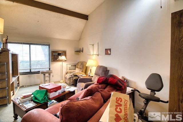 living area featuring carpet floors, a textured ceiling, and vaulted ceiling with beams