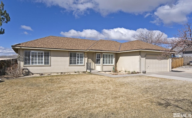 single story home featuring driveway, a front yard, a garage, and fence