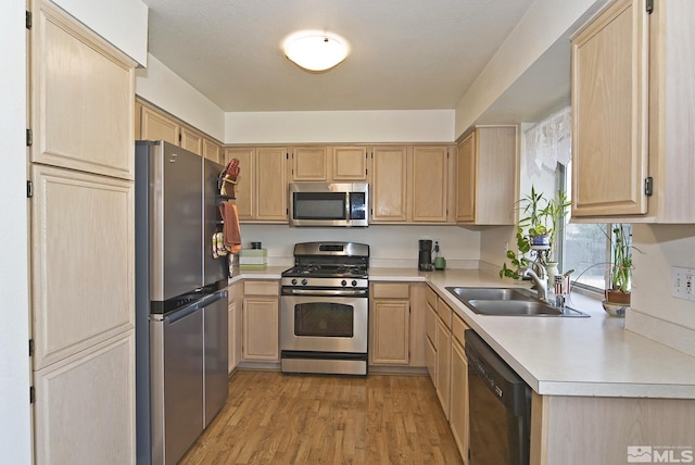 kitchen featuring light brown cabinetry, light wood-style flooring, stainless steel appliances, and a sink