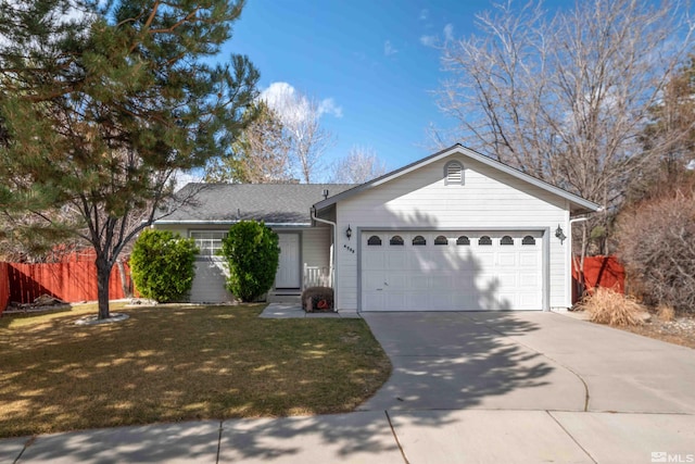 ranch-style house with concrete driveway, an attached garage, fence, and a front lawn