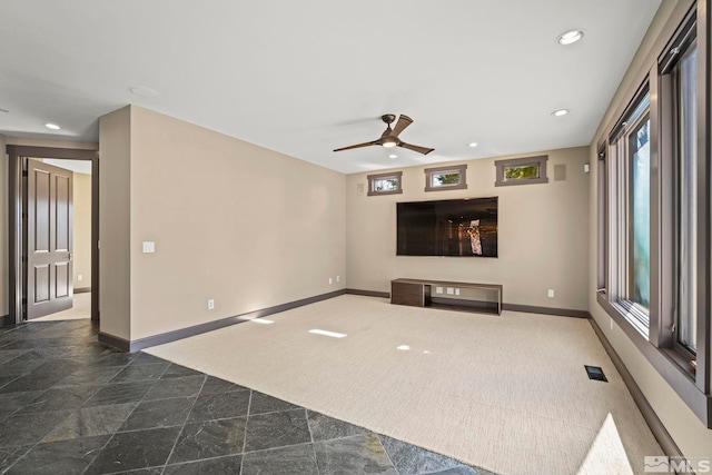 unfurnished living room with visible vents, recessed lighting, baseboards, and ceiling fan