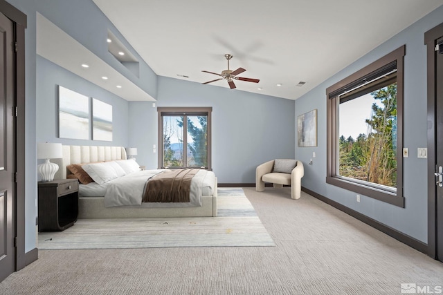 bedroom featuring visible vents, baseboards, light colored carpet, vaulted ceiling, and recessed lighting