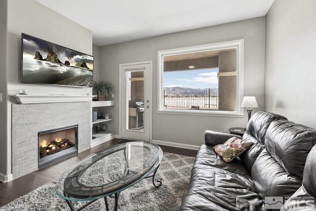 living area featuring baseboards, a warm lit fireplace, and wood finished floors