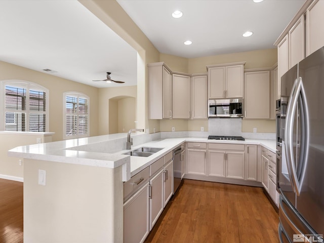 kitchen with a sink, wood finished floors, recessed lighting, stainless steel appliances, and a peninsula