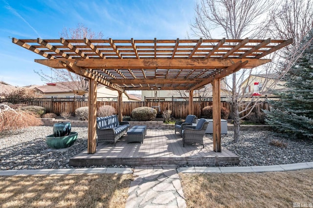 view of patio / terrace featuring a fenced backyard, outdoor lounge area, and a pergola