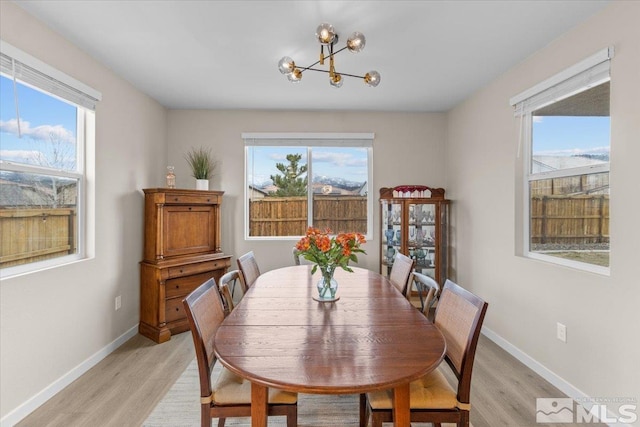 dining space featuring light wood-style flooring, a notable chandelier, and plenty of natural light