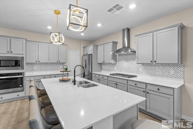 kitchen featuring wall chimney range hood, visible vents, gray cabinets, and stainless steel appliances