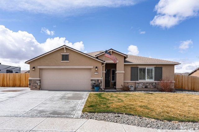 ranch-style house with stucco siding, a garage, concrete driveway, and fence