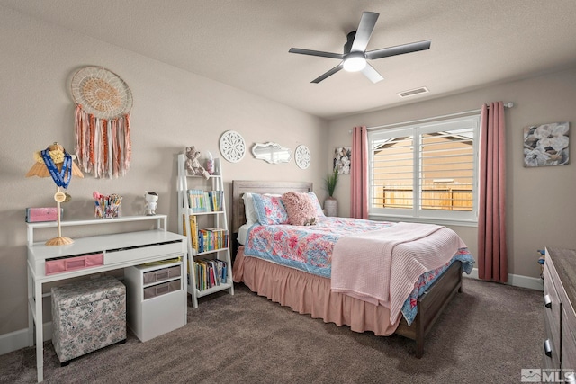 bedroom featuring a ceiling fan, baseboards, visible vents, and carpet floors