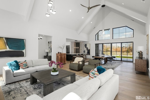 living area featuring visible vents, beam ceiling, high vaulted ceiling, wood finished floors, and ceiling fan