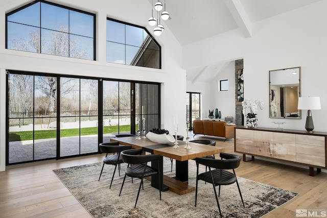 dining area featuring beam ceiling, high vaulted ceiling, and light wood-style floors