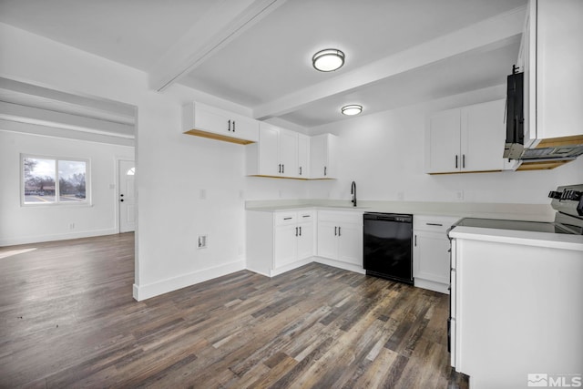 kitchen featuring dishwasher, beam ceiling, white cabinets, and dark wood-style flooring